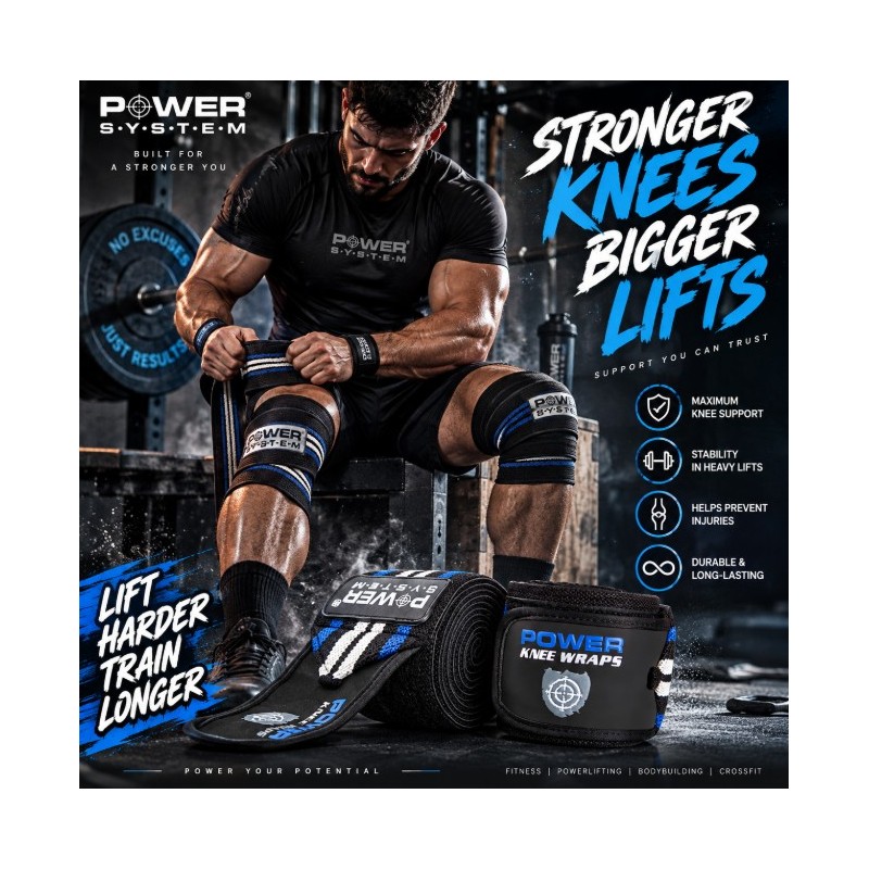 Power System Heavy Duty Knee Wraps for Squats - Blue | Бинтове за Колене