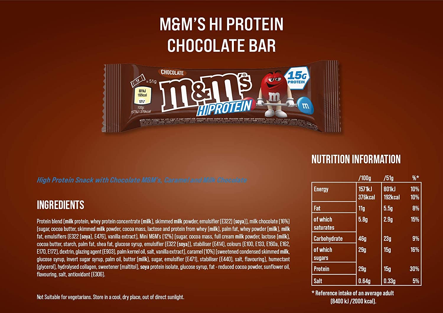 Continutul - Mars Protein M&M`s Hi Protein Bar - Ciocolata